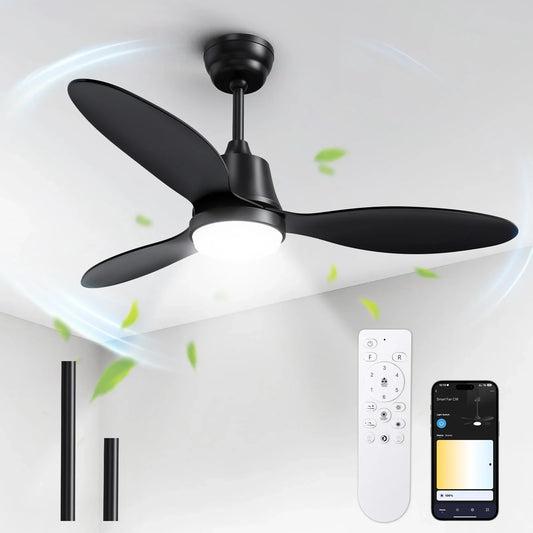 App Control,42 inch Modern Ceiling Fans,3 Reversible Blades Dimmable Noiseless, for Bedroom Kitchen Patio,Black