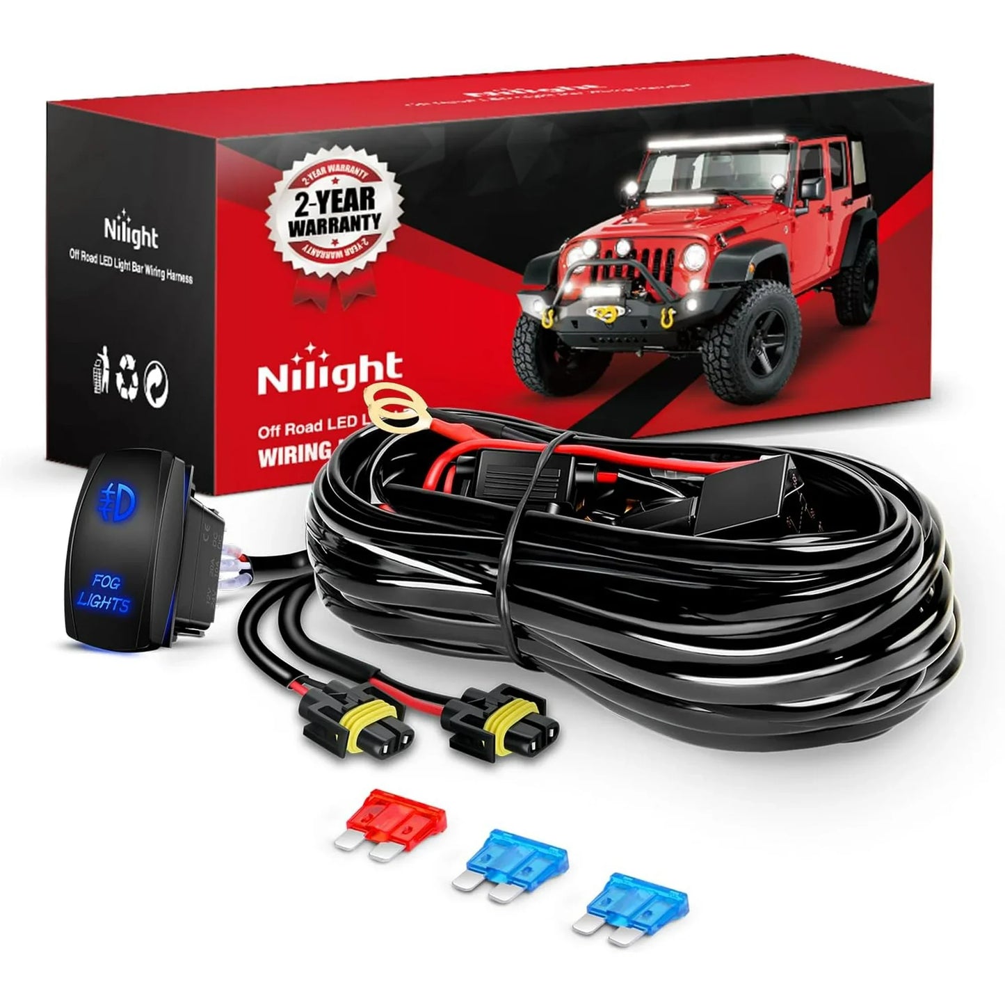 Nilight 16AWG Fog Light Wiring Harness Kit 12V Heavy Duty 5PIN Rocker Switch Relay Blade Fuse Fog Light Socket Connector Compatible with 9005 9006 9140 9145 HB3 H10 Fog Light Bulbs