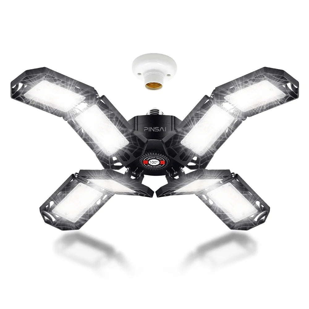 PINSAI 1 Pack LED Garage Light, 150W 8 Adjustable Panels Screw in Ceiling Shop Lamp, Deformable Bulb