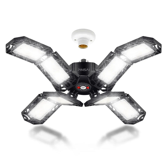 PINSAI 1 Pack LED Garage Light, 150W 8 Adjustable Panels Screw in Ceiling Shop Lamp, Deformable Bulb