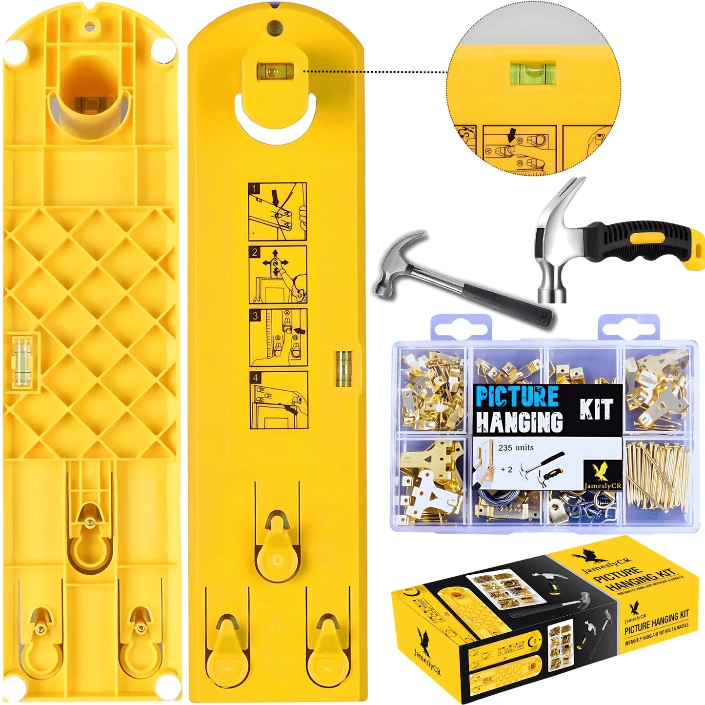Picture Hanging Kit Tool 225-Piece – Easy Level Ruler, 2 Hammers & More – Perfect for Any Wall!