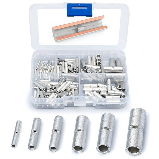 Wirefy 100 Pcs Non-Insulated Butt Connectors Kit - Crimp Wire Splices - 24-8 AWG